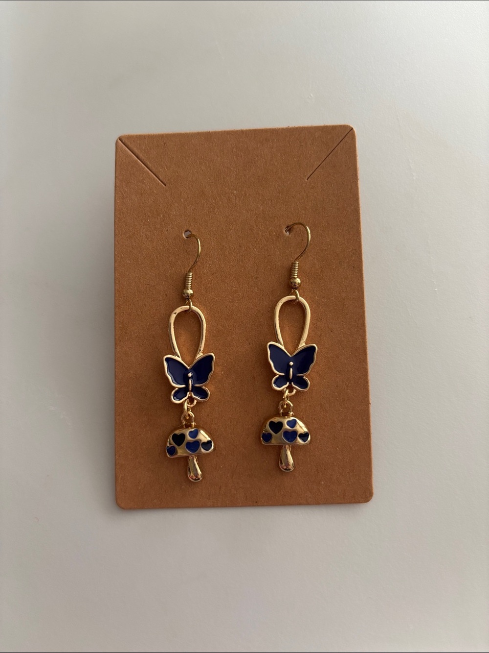 Fashion Jewelry Gold-Tone Butterfly & Navy Mushroom Drop Earrings